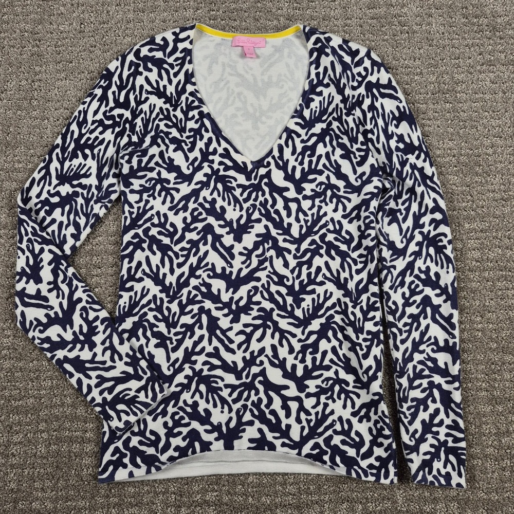 Lilly Pulitzer Sweater Womens S White Navy Adelaide V-neck Cotton Pullover